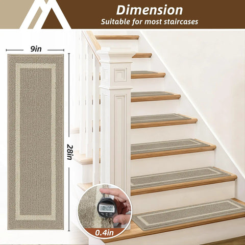 Soft Stair Treads 15 Pack Non Slip Carpet Mats 28x9 Inches For Indoor Wooden Stair Runners Kid And Pup Friendly Rugs 100 Percent Polyester With TPE Backing Beige
