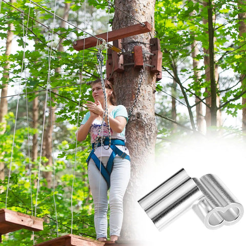 Heavy Duty 50 Pack Aluminum Crimping Loop Sleeves For One Quarter Inch Wire Rope And Cable Double Hole Gritted Ferrule Sleeves For Secure Ends DIY Rigging And Cable Work, tree rope course