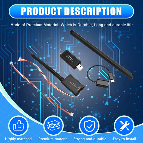 High Power 433MHz 500mW Radio Telemetry Module for Air and Ground Data Transmission with accessories displayed on a tech background