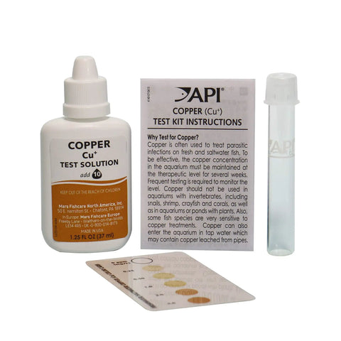 Straight Up Legit Copper Test Kit For Aquariums using 90 Quick Liquid Drops showing solution, instructions, test tube, and color card.