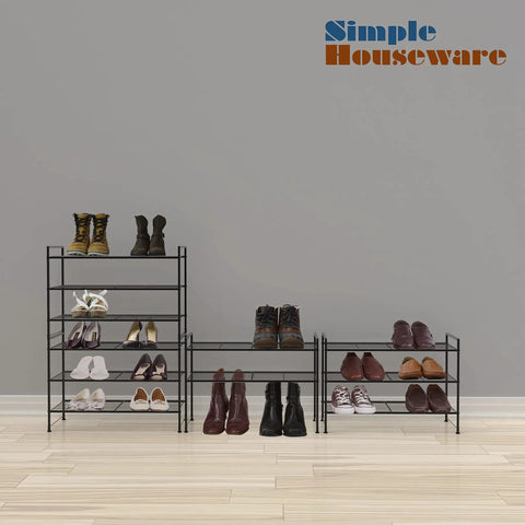 Three Tier Stackable Wired Grid Shoe Rack In Tough Black Steel Holds Nine Pairs Of Kicks And Casual Shoes With A Low Profile Design For Heavy Duty Home Storage That Is Definitely A Solid Game Changer