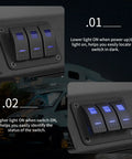 Waterproof 12V Marine Switch Panel With 3 Gang Rocker Switches showing blue LED illumination, mounted on vehicle dashboard.