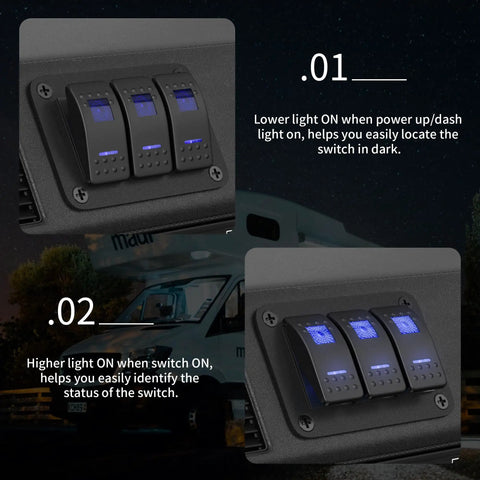 Waterproof 12V Marine Switch Panel With 3 Gang Rocker Switches showing blue LED illumination, mounted on vehicle dashboard.