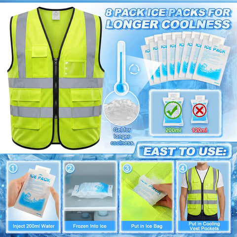 Boss-Level Cooling Vest That Holds Eight Cold Ice Packs with high visibility reflective stripes for outdoor work.