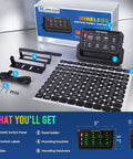 Eight Gang Wireless Switch Panel For Off Road Vehicles With 328 Ft Remote Range, showing panel, labels, holder, and cables.