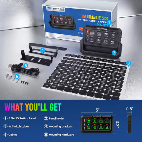 Eight Gang Wireless Switch Panel For Off Road Vehicles With 328 Ft Remote Range, showing panel, labels, holder, and cables.