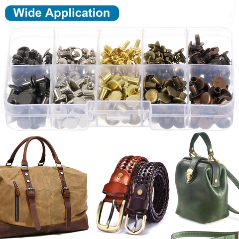 150 Sets Solid Chicago Screws And Leather Rivets In Mixed Colors With Zero Hassle Install Tools Heavy Duty Zinc Alloy Metal Studs built for belts and bags.
