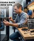 Heavy Duty M6 X 16 Rack Mount Screws Paired With Carbon Steel Cage Nuts And Nylon Washers 50 Pack Server Kit being installed.
