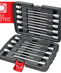 18-Piece Extra Long Hex Socket Set With Deep Reach Allen Bits For Auto And Home Use, SAE One Eighth To Three Eighths And Metric Three To Ten Millimeters, Drive Size Three Eighths, S2 Steel CrV Sockets, 6.1 Inch Long, Durable Carry Case in open position displaying sockets.