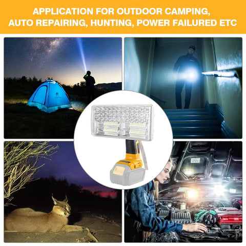 Uses of 40W LED Work Light With 4200LM Output For Dewalt 20V Battery, including camping, emergency, and auto repair.