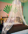 Lace Bed Canopy With Warm Lights For Kids Bedroom Dreamy Princess Mosquito Netting For Girls Room Decor White Single Door Easy To Hang From Ceiling And Create A Cozy Princess Vibe For Crib Or Twin Bed, installed view
