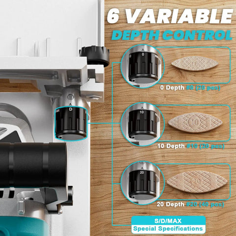 Cordless Biscuit Joiner Compatible With Makita 18V Batteries Plate Joiner Kit depth settings and wafers display
