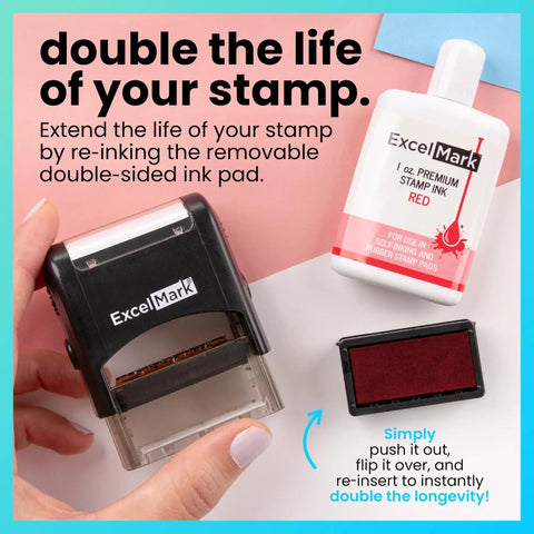Heavy Duty Self Inking Rubber Office Stamp Printing Crisp Closed Messages In Bold Red Ink With A Quick Swap Replaceable Pad shown with ink pad.