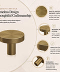 Four Pack Cabinet Drawer Knobs With Round Pulls For Closet Featuring Slick Brushed Antique Brass Finish Premium Aluminum Alloy Hardware No Fuss Install Rock Solid Grip, showing round knob with smooth edges.