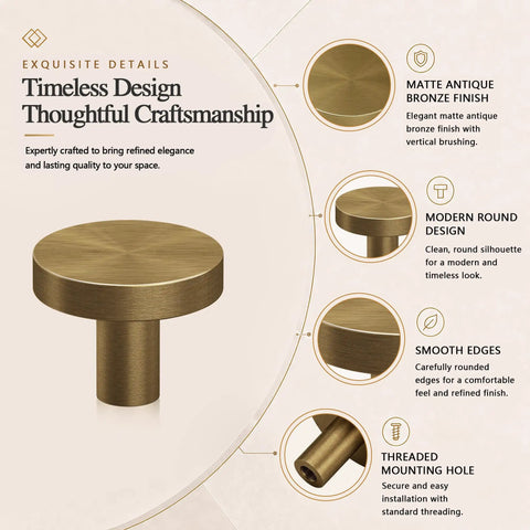 Four Pack Cabinet Drawer Knobs With Round Pulls For Closet Featuring Slick Brushed Antique Brass Finish Premium Aluminum Alloy Hardware No Fuss Install Rock Solid Grip, showing round knob with smooth edges.