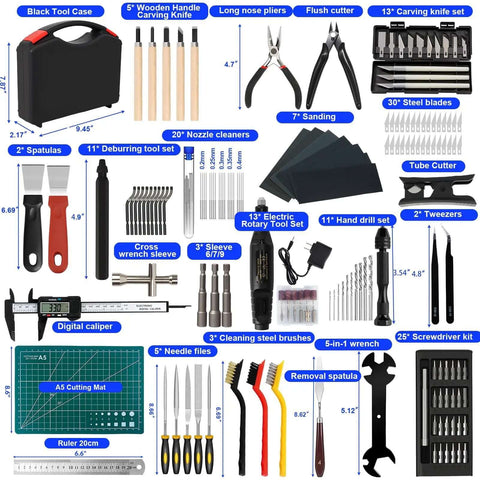 Must Have 158 Piece 3D Printing Tool Kit With Nozzle Cleaning Kit Deburring Tools Digital Caliper Mini Rotary Tool Smoothing Tools And Printer Finishing Accessories For Clean Precise Prints laid out with labels on white background