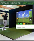 Golfer using DIY Home Golf Simulator Enclosure Kit With Impact Screen Surround And Cushioned Padding For Indoor Practice Budget Friendly Setup Poles Not Included 10 Ft 10 In By 8 Ft 4 In By 5 Ft, focused on swing analysis screen indoors.