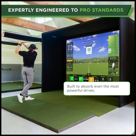 Golfer using DIY Home Golf Simulator Enclosure Kit With Impact Screen Surround And Cushioned Padding For Indoor Practice Budget Friendly Setup Poles Not Included 10 Ft 10 In By 8 Ft 4 In By 5 Ft, focused on swing analysis screen indoors.