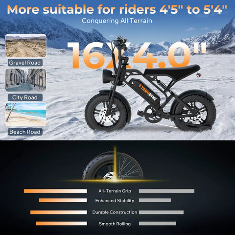 Raw Power 1000W Fat Tire Electric Bike For Teens And Kids 48V 15.6Ah Removable Battery displayed on snowy terrain