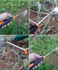 Heavy Duty Five Tooth Weeding Tool for Vegetables and Backyard Gardens, close-up of hand using steel garden weeder with rubber grip.