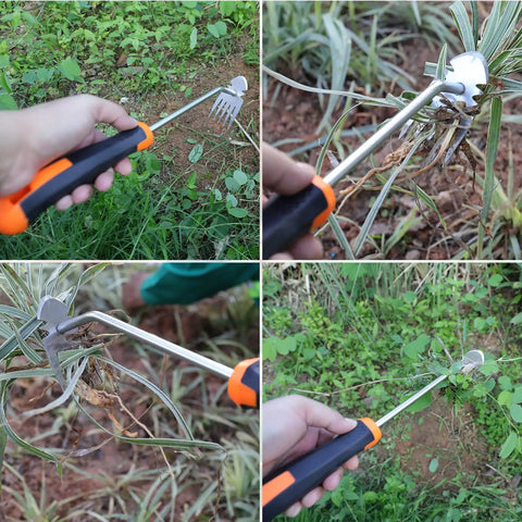 Heavy Duty Five Tooth Weeding Tool for Vegetables and Backyard Gardens, close-up of hand using steel garden weeder with rubber grip.