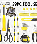 Kickass 39 Piece Household Tool Set With Sweet Organized Case For No Sweat Diy Fixes Featuring Knockout Corrosion Resistant Chrome Hammer Pliers Screwdrivers And Tape Measure layout including various tools.