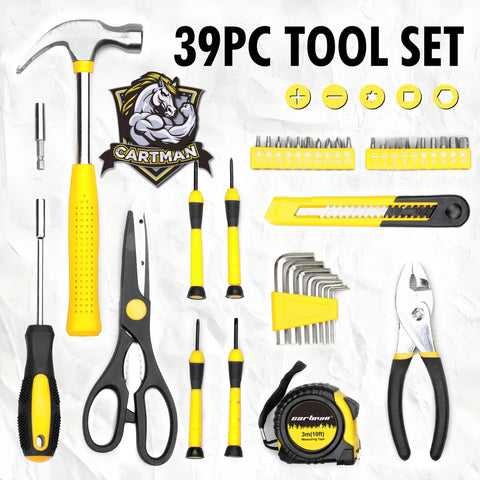 Kickass 39 Piece Household Tool Set With Sweet Organized Case For No Sweat Diy Fixes Featuring Knockout Corrosion Resistant Chrome Hammer Pliers Screwdrivers And Tape Measure layout including various tools.