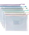 Six Pack Mesh Zipper Pouches With Label Pockets In Six Colors Pink Yellow Green Khaki Blue Purple, Waterproof See Through Organizer