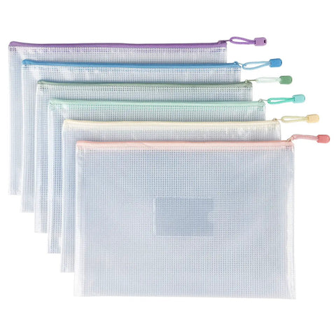 Six Pack Mesh Zipper Pouches With Label Pockets In Six Colors Pink Yellow Green Khaki Blue Purple, Waterproof See Through Organizer