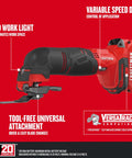 Cordless Oscillating Tool Kit With Blades, Sandpaper, Battery And Charger Included, Variable Speed Dial, LED Work Light, Tool-Free Attachment on red background