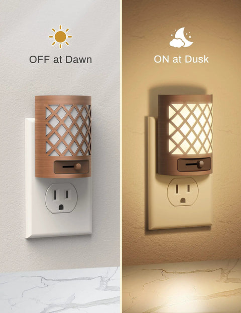 2 Pack Plug In Night Light With Dusk To Dawn Sensor showing off and on states with vintage farmhouse style design.