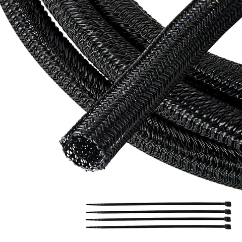 1/4-Inch Braided Cable Loom Sleeving, 10-Foot Self-Wrap Wire Cover with ties, Black, UL94-V0 Flame Retardant, ROHS