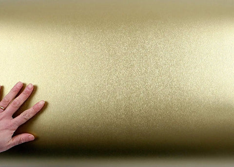 Hand touching gold Peel And Stick Brushed Faux Metal Architectural Film Self Adhesive Vinyl Film Wallpaper Door Wrap For Countertops Borders And Trim DIY Friendly Easy Install MG237.