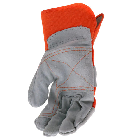 Heavy Duty Work Gloves With Double Leather Cowhide Palm For Superior Abrasion Resistance And Durability, Canvas Backing, Orange And Gray