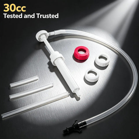 Heavy Duty 30Cc Hand Oil Transfer Pump For Gear Oil Differential Fluide And Antifreeze With Flexible Tubing Auto Fluid Kit, includes pump, tubes, and adapters.
