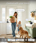 Woman with groceries and child using Slick WiFi Smart Lever Lock With Nonkeyed Deadbolt Matte Black For Front Door Security.