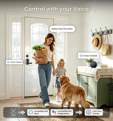 Woman with groceries and child using Slick WiFi Smart Lever Lock With Nonkeyed Deadbolt Matte Black For Front Door Security.