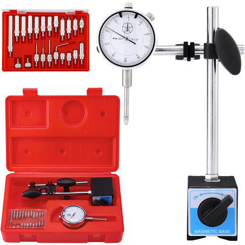 Dial Indicator With Magnetic Base 0 To 1.0 Inch Range 0.001 Inch Precision Long Arm With Fine Adjustment Universal Rotating Shaft On Off Switch Heavy Duty Pro Grade Durable Construction in red carrying case