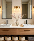 Bathroom with Industrial Dope Double Sconce Wall Light With Dual Seven Point Three Inch Cone Clear Glass Shades Brushed Metal Finish E26 Socket.