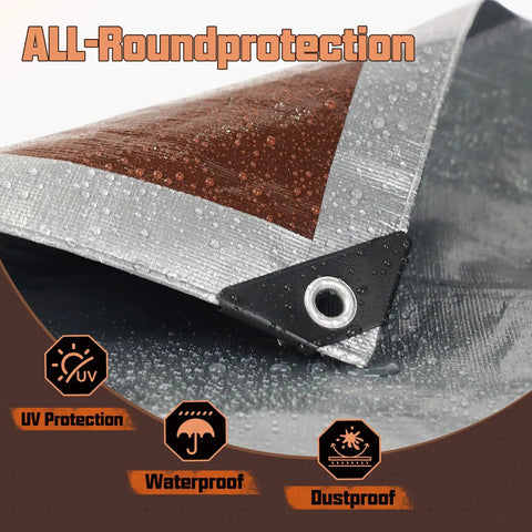 Heavy Duty 8x10 Ft Tarp Waterproof 10 Mil Thick Reversible Silver And Brown Outdoor Cover detail with grommet and water drops