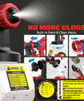 Professional Grade Cordless Paint Sprayer Compatible With Milwaukee 18V showing nozzle with spray feature and cleaning instructions.