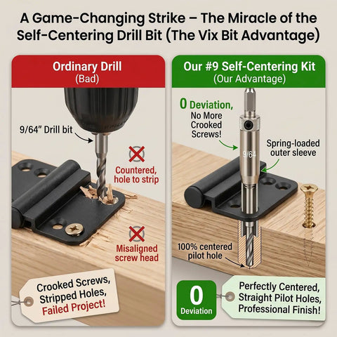 Comparison of ordinary drill and self-centering kit used with six pack 4 inch lift off flag hinges kit for cabinets and doors.