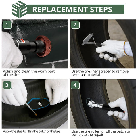 Replacement steps for tire repair using Shop Ready Heavy Duty Air Tire Buffer Kit Includes 2500 Rpm Pneumatic Grinder With Twin High Speed Tungsten Buffing Wheels Quick Scraper And Patch Roller Built Tough For Garage Pros.