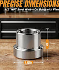 Heavy Duty Steel Weld On Bung With Half Inch Npt Female Thread And Stepped Flange For No Sweat Tack Welds And Dang Solid Gas Tank Fixes Or Shop Fab Work Two Pack showing precise dimensions on a wooden surface.