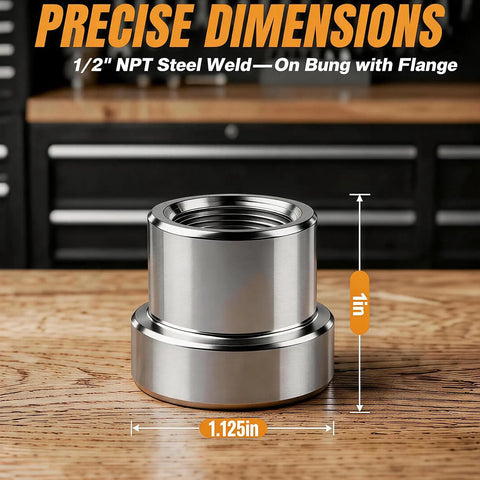 Heavy Duty Steel Weld On Bung With Half Inch Npt Female Thread And Stepped Flange For No Sweat Tack Welds And Dang Solid Gas Tank Fixes Or Shop Fab Work Two Pack showing precise dimensions on a wooden surface.