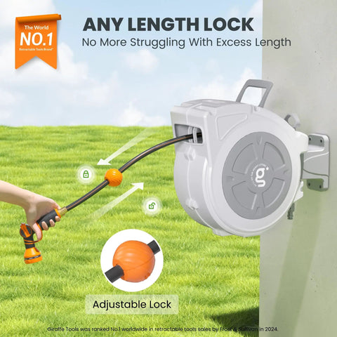 Retractable Hose Reel 1/2 Inch By 65 Feet Heavy Duty Water Hose Reel with wall mount and sprayer nozzle in use outdoors.