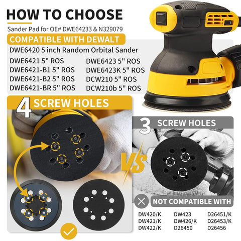 Gnellkoor 5-inch 8-hole hook-and-loop sander pads, 2-pack for DeWalt DWE6421/6423, front view with 4- and 3-screw-hole patterns