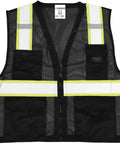 Men's Black Hi Vis Safety Vest With Six Spacious Utility Pockets And Cooling Mesh Back, featuring mesh design and reflective stripes.