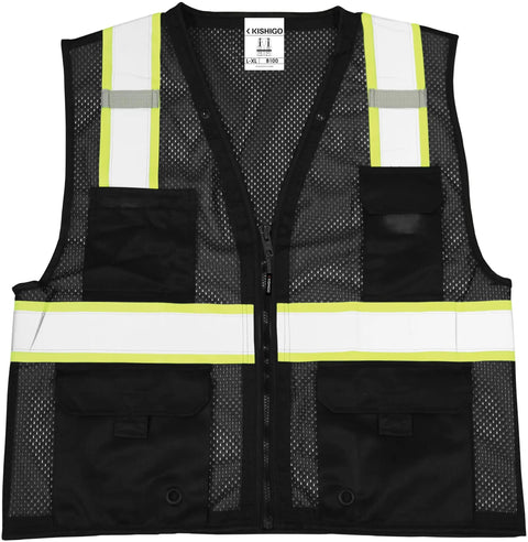 Men's Black Hi Vis Safety Vest With Six Spacious Utility Pockets And Cooling Mesh Back, featuring mesh design and reflective stripes.