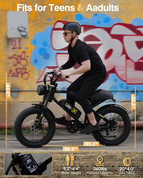 Person riding Electric Fat Tire E-Bike For Adults And Teens With 1500W Peak Motor, 20 Inch Fat Tires, graffiti backdrop